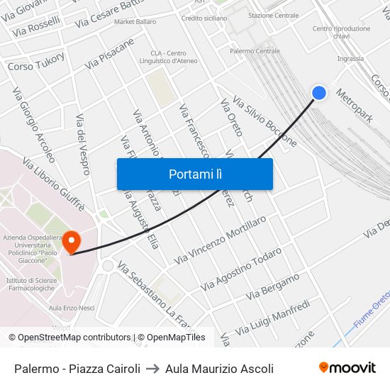 Palermo - Piazza Cairoli to Aula Maurizio Ascoli map