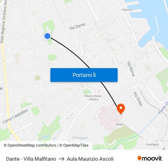 Dante - Villa Malfitano to Aula Maurizio Ascoli map