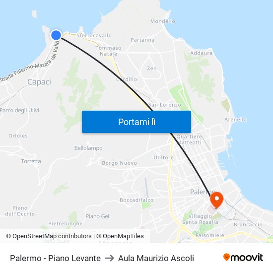 Palermo - Piano Levante to Aula Maurizio Ascoli map