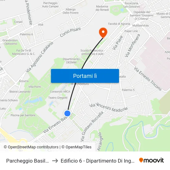 Parcheggio Basile Corsia Esterna to Edificio 6 - Dipartimento Di Ingegneria Chimica E Nucleare map