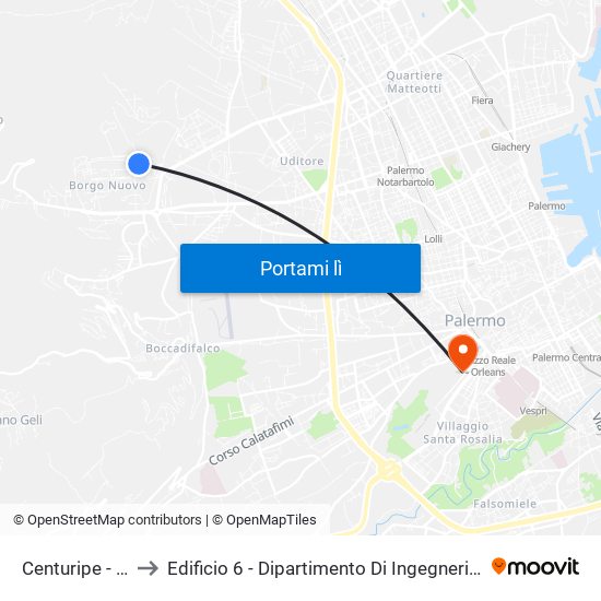 Centuripe - Acireale to Edificio 6 - Dipartimento Di Ingegneria Chimica E Nucleare map