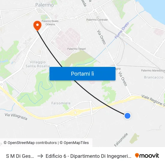S M Di Gesu' Trabia to Edificio 6 - Dipartimento Di Ingegneria Chimica E Nucleare map