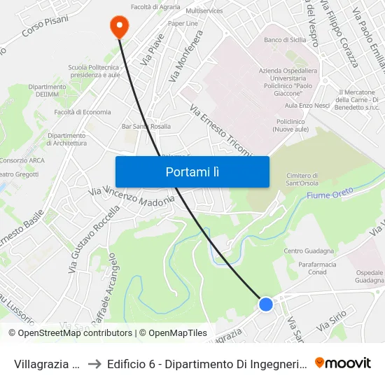 Villagrazia S Filippo to Edificio 6 - Dipartimento Di Ingegneria Chimica E Nucleare map