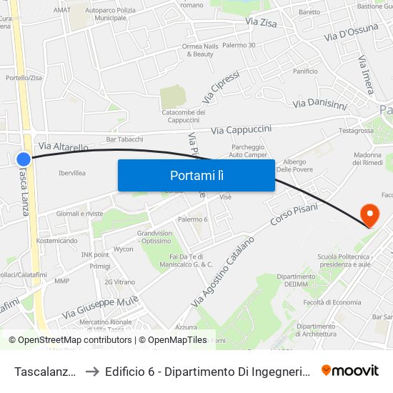 Tascalanza - Pitre' to Edificio 6 - Dipartimento Di Ingegneria Chimica E Nucleare map