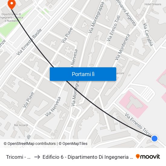 Tricomi - Ughetti to Edificio 6 - Dipartimento Di Ingegneria Chimica E Nucleare map