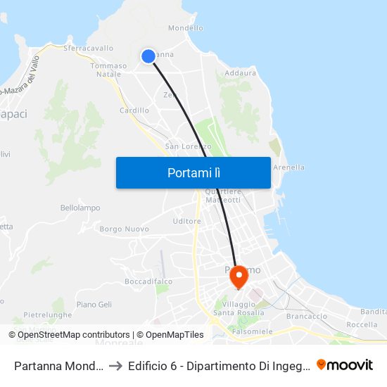 Partanna Mondello - Dioniso to Edificio 6 - Dipartimento Di Ingegneria Chimica E Nucleare map
