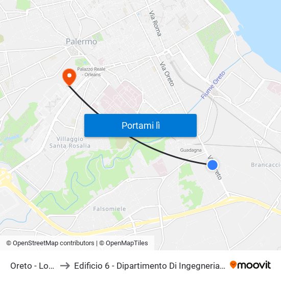 Oreto - Lo Bianco to Edificio 6 - Dipartimento Di Ingegneria Chimica E Nucleare map