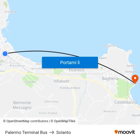 Palermo Terminal Bus to Solanto map