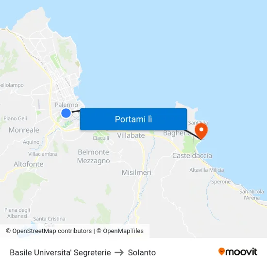 Basile Universita' Segreterie to Solanto map