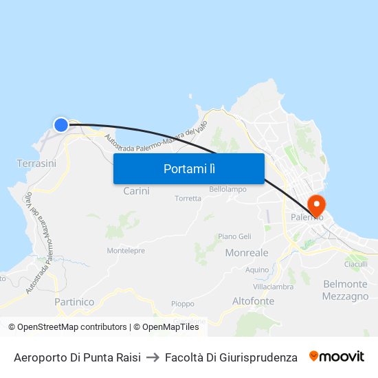 Aeroporto Di Punta Raisi to Facoltà Di Giurisprudenza map