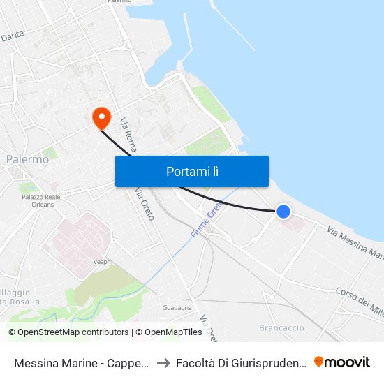 Messina Marine - Cappello to Facoltà Di Giurisprudenza map