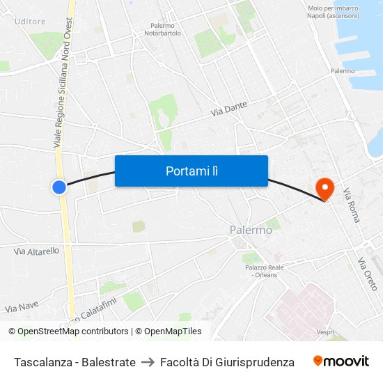Tascalanza - Balestrate to Facoltà Di Giurisprudenza map
