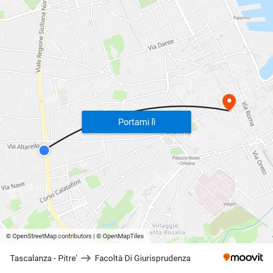 Tascalanza - Pitre' to Facoltà Di Giurisprudenza map