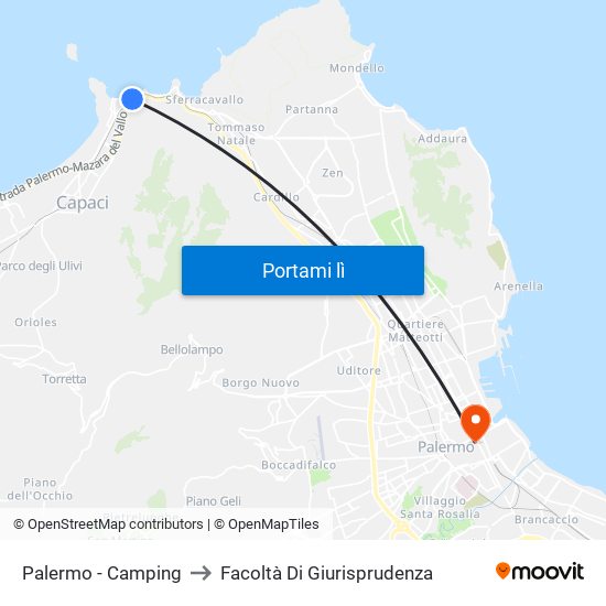 Palermo - Camping to Facoltà Di Giurisprudenza map