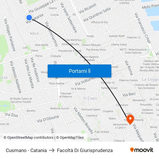 Cusmano - Catania to Facoltà Di Giurisprudenza map