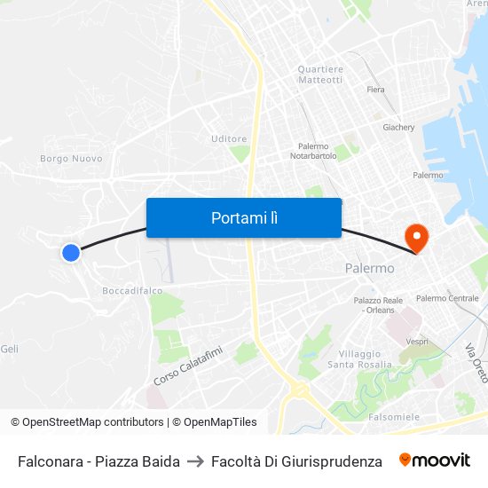 Falconara - Piazza Baida to Facoltà Di Giurisprudenza map