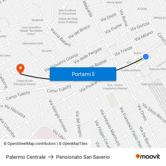 Palermo Centrale to Pensionato San Saverio map