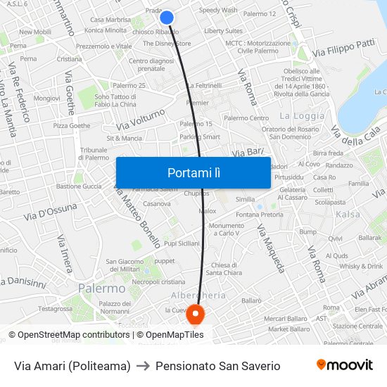 Via Amari (Politeama) to Pensionato San Saverio map