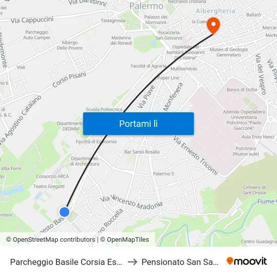 Parcheggio Basile Corsia Esterna to Pensionato San Saverio map