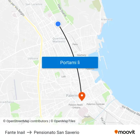 Fante Inail to Pensionato San Saverio map