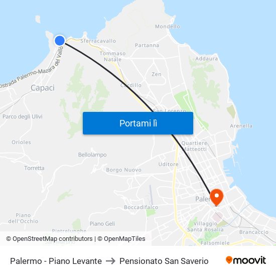 Palermo - Piano Levante to Pensionato San Saverio map