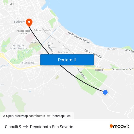Ciaculli 9 to Pensionato San Saverio map