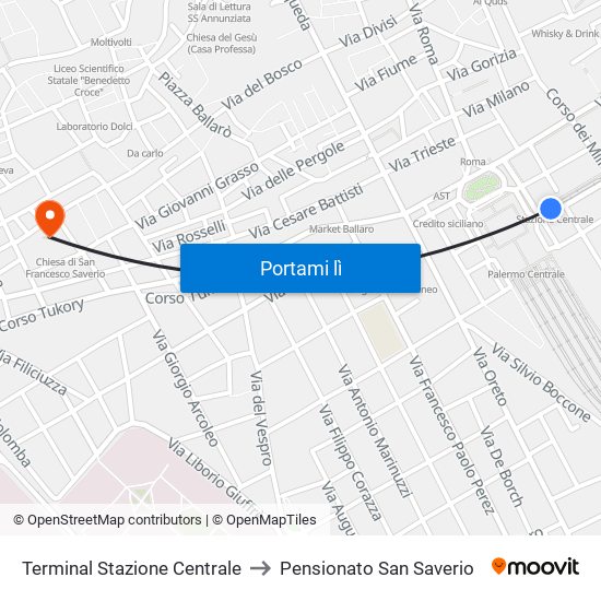 Terminal Stazione Centrale to Pensionato San Saverio map