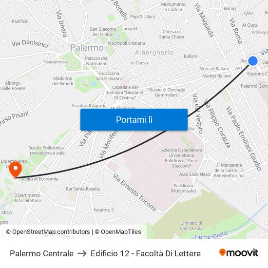 Palermo Centrale to Edificio 12 - Facoltà Di Lettere map