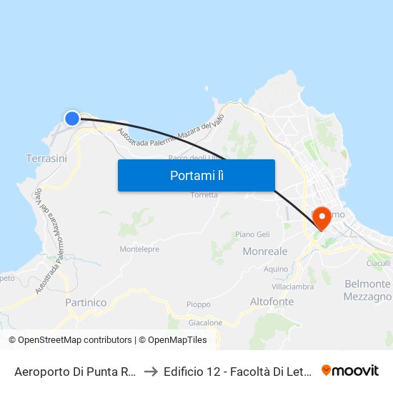 Aeroporto Di Punta Raisi to Edificio 12 - Facoltà Di Lettere map