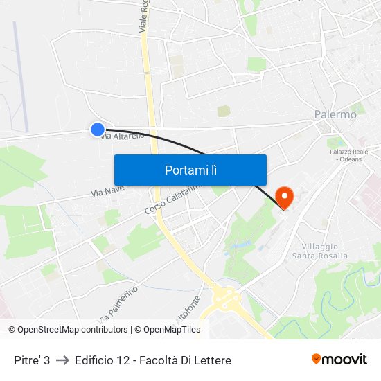 Pitre' 3 to Edificio 12 - Facoltà Di Lettere map