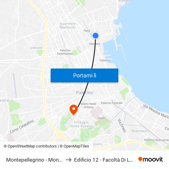 Montepellegrino - Montalbo to Edificio 12 - Facoltà Di Lettere map