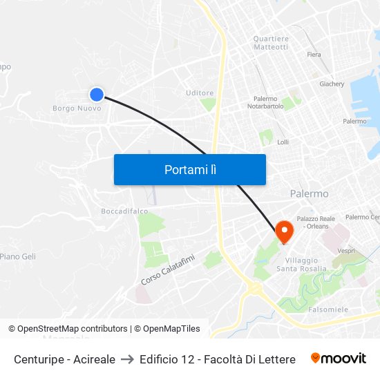 Centuripe - Acireale to Edificio 12 - Facoltà Di Lettere map