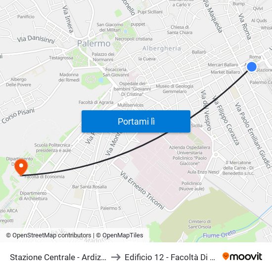 Stazione Centrale - Ardizzone 1 to Edificio 12 - Facoltà Di Lettere map