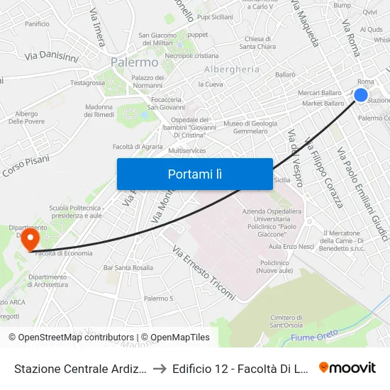 Stazione Centrale Ardizzone to Edificio 12 - Facoltà Di Lettere map