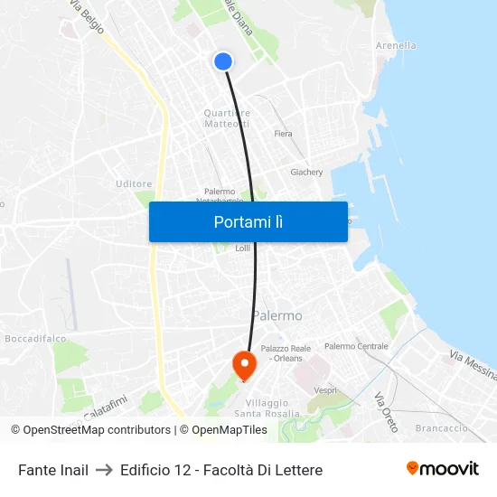 Fante Inail to Edificio 12 - Facoltà Di Lettere map