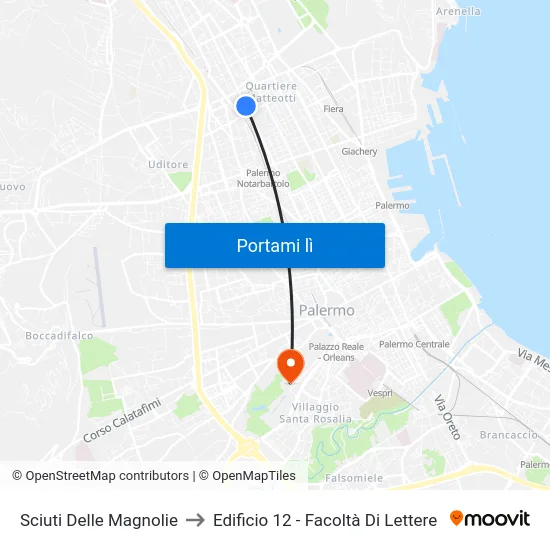 Sciuti Delle Magnolie to Edificio 12 - Facoltà Di Lettere map