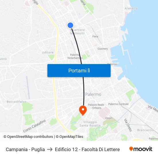 Campania - Puglia to Edificio 12 - Facoltà Di Lettere map