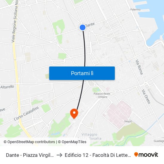 Dante - Piazza Virgilio to Edificio 12 - Facoltà Di Lettere map