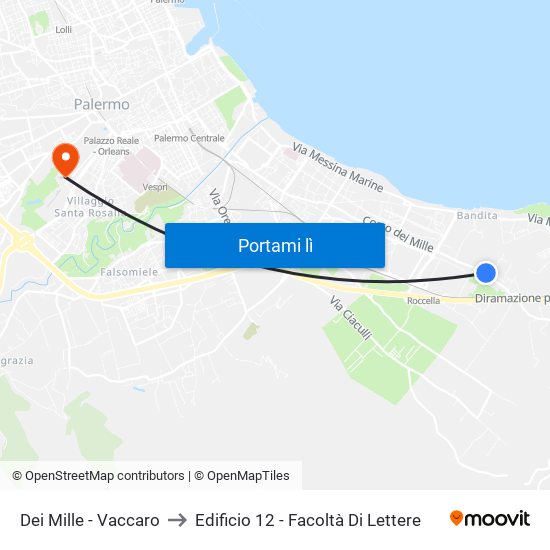 Dei Mille - Vaccaro to Edificio 12 - Facoltà Di Lettere map
