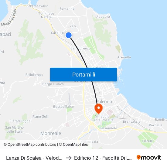 Lanza Di Scalea - Velodromo to Edificio 12 - Facoltà Di Lettere map