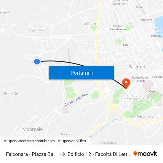 Falconara - Piazza Baida to Edificio 12 - Facoltà Di Lettere map