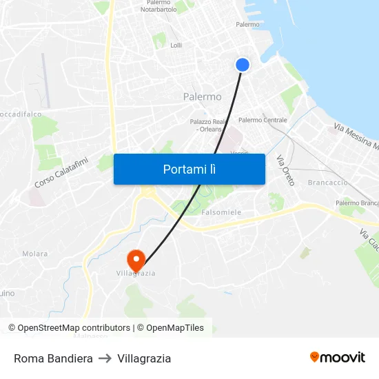 Roma Bandiera to Villagrazia map