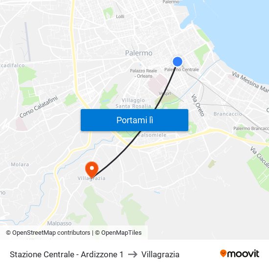 Stazione Centrale - Ardizzone 1 to Villagrazia map
