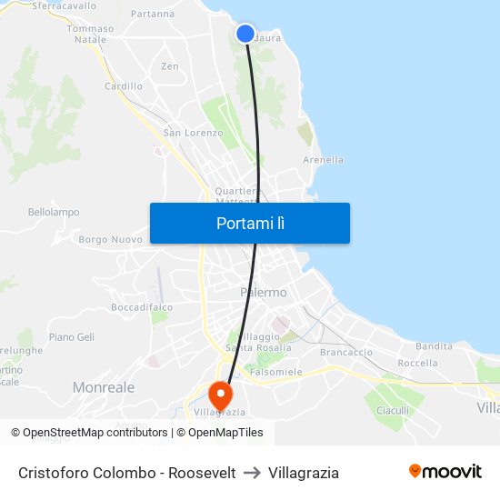 Cristoforo Colombo - Roosevelt to Villagrazia map