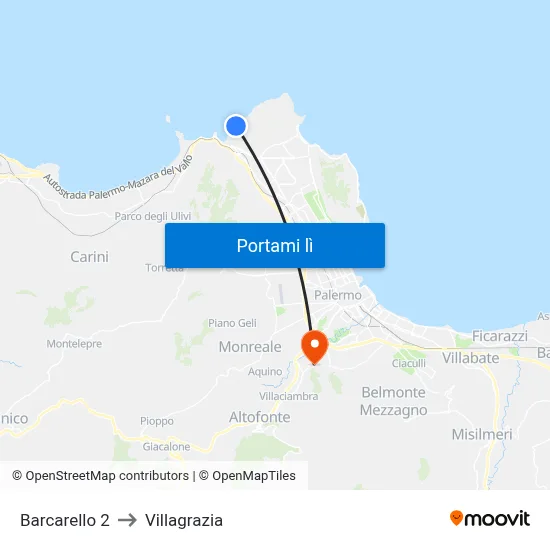 Barcarello 2 to Villagrazia map