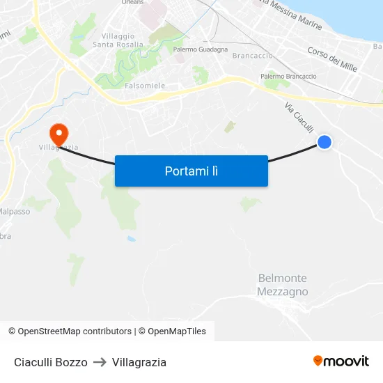 Ciaculli Bozzo to Villagrazia map