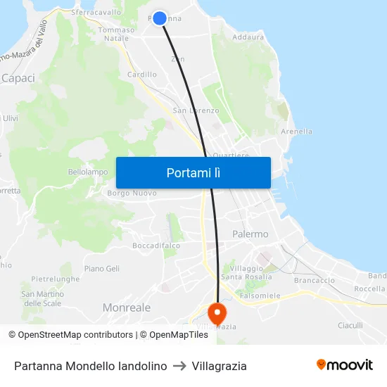 Partanna Mondello Iandolino to Villagrazia map