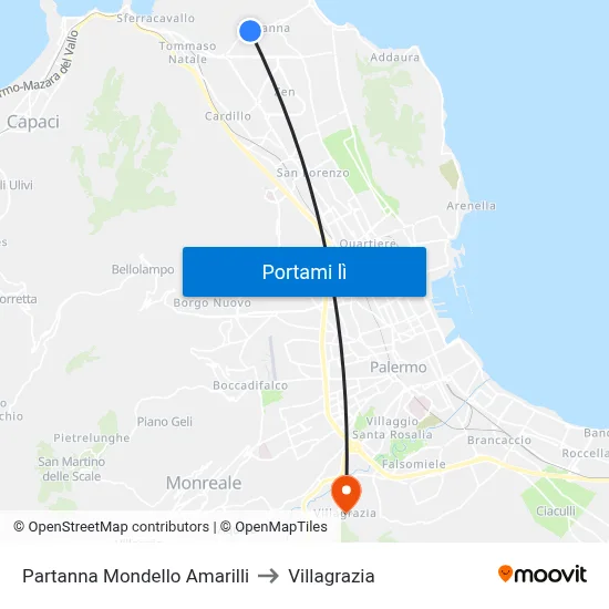 Partanna Mondello Amarilli to Villagrazia map