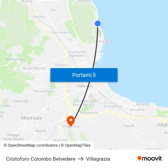 Cristoforo Colombo Belvedere to Villagrazia map