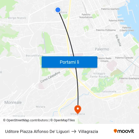 Uditore Piazza Alfonso De' Liguori to Villagrazia map